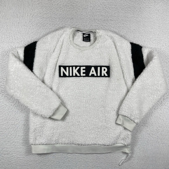 Nike Air Sweater Mens Medium‎ White Black Sherpa Crew Teddy Pullover Casual - Picture 1 of 13